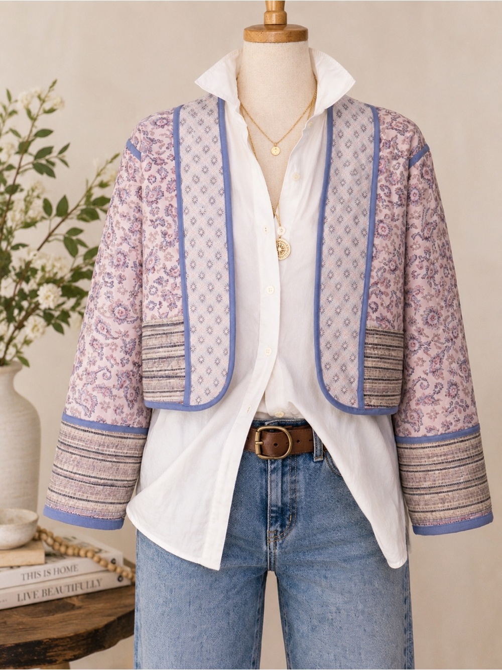 Reversible Quilted Floral Block Print Jacket Lightweight Boho Open Front. Multi